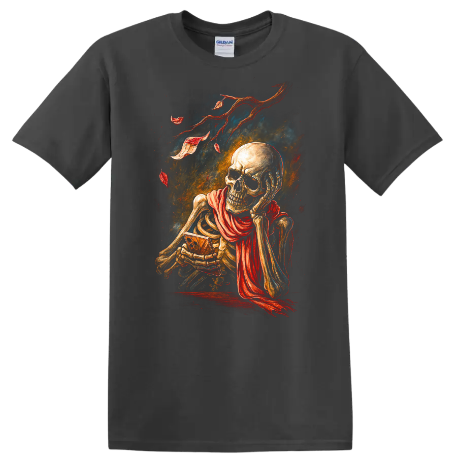 Vintage gothic skeleton skull illustration with flowing red scarf and distressed ribbons on a Charcoal T Shirt