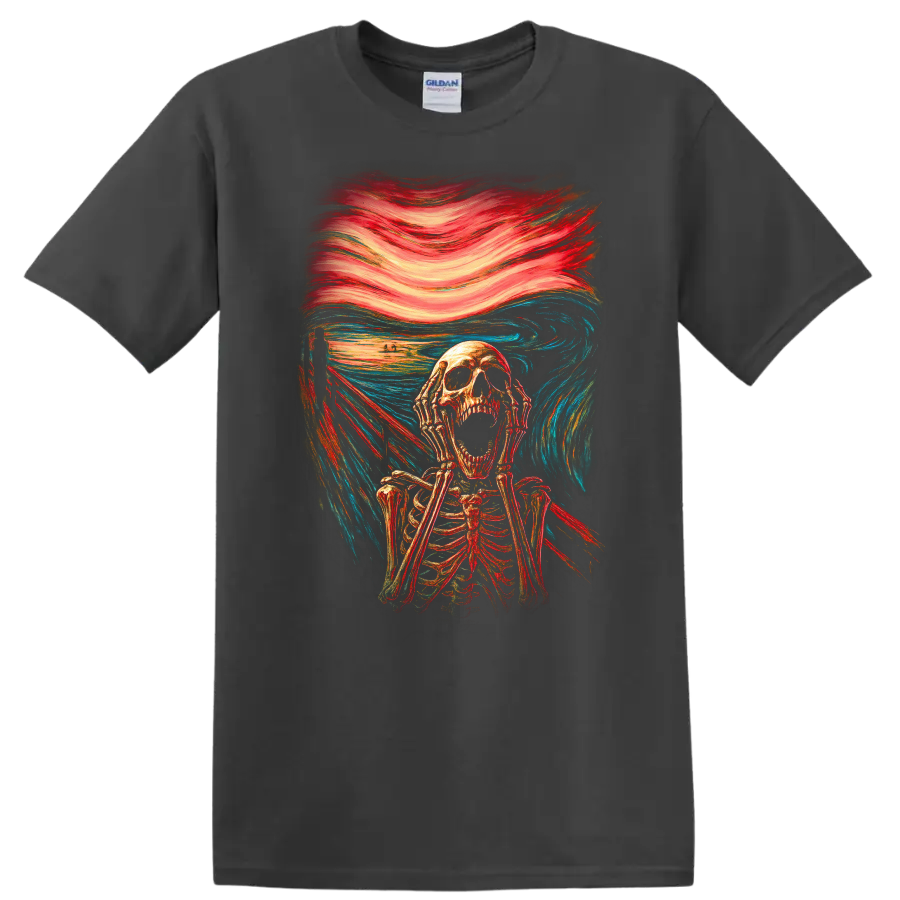 Screaming skeleton in vintage gothic horror art with swirling red and blue brushwork on a Charcoal T Shirt