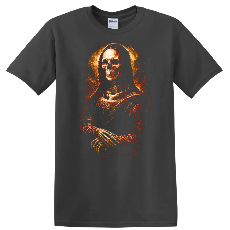 Vintage gothic skeleton portrait with crossed hands and fiery distressed halo on a Charcoal T Shirt