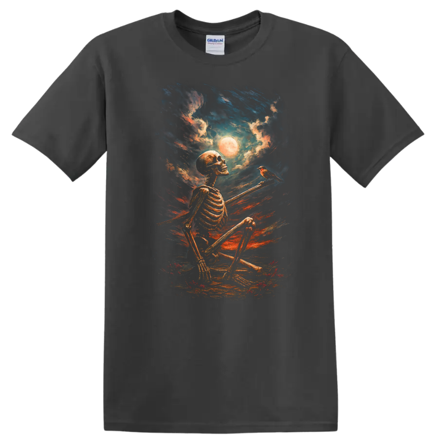 Vintage gothic painting of seated skeleton, bird, full moon, and dramatic night sky on a Charcoal T Shirt