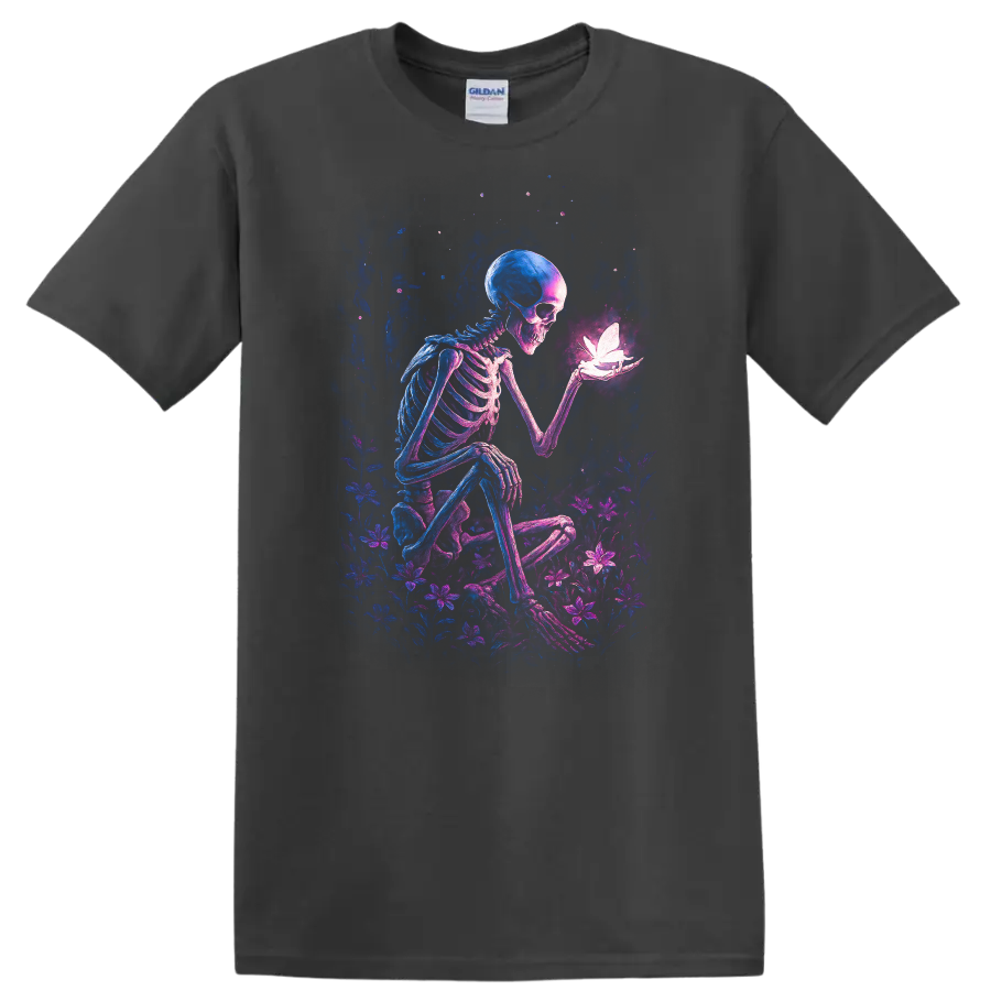 Gothic skeleton holding a glowing butterfly amid neon wildflowers on a Charcoal T Shirt