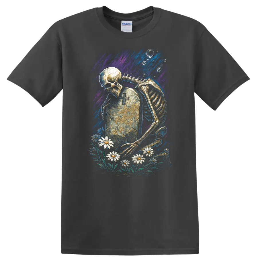 Skeleton mourning beside a cross tombstone and daisies in vintage gothic artwork on a Charcoal T Shirt