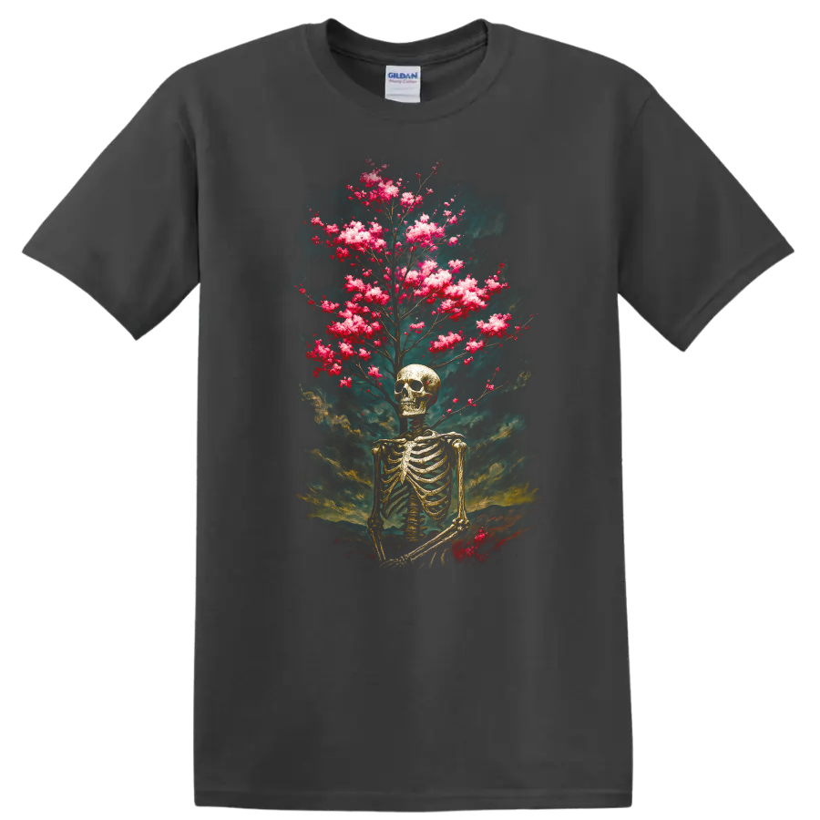 Vintage gothic skeleton skull with pink blooming branches and smoky teal backdrop on a Charcoal T Shirt