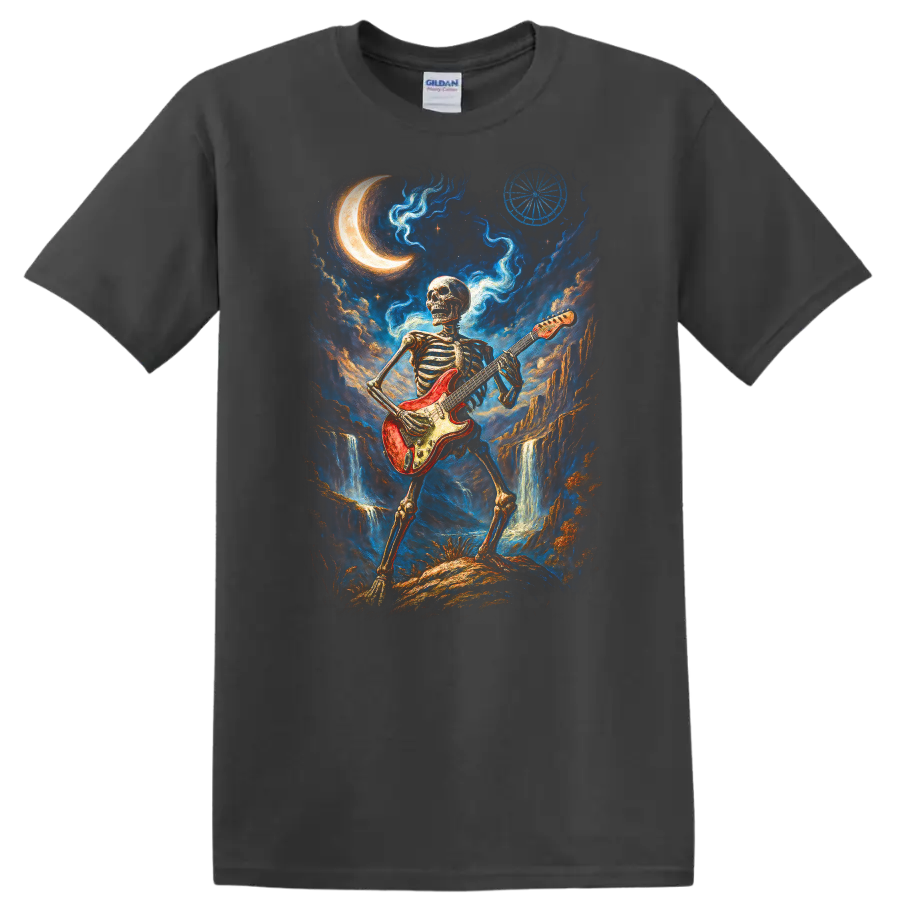 Skeleton guitarist with red electric guitar in moonlit gothic fantasy art on a Charcoal T Shirt