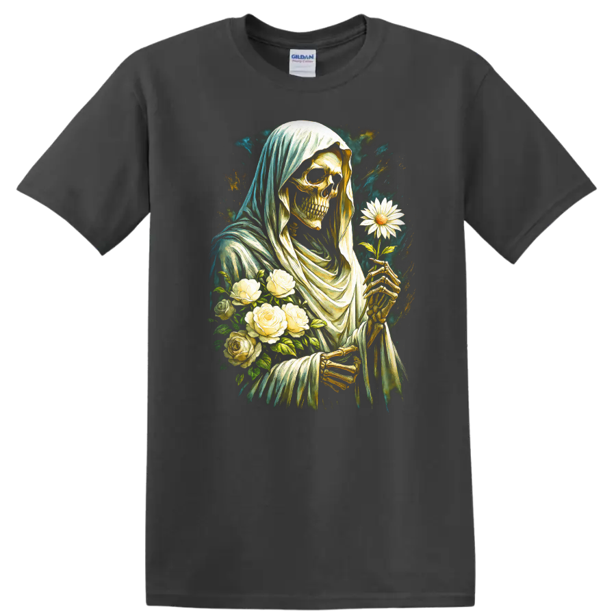 Vintage gothic hooded skeleton holding a white daisy with roses on a Charcoal T Shirt