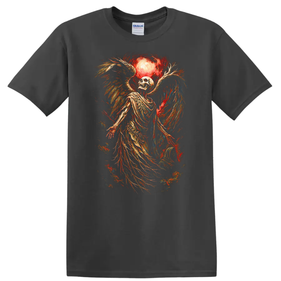 Vintage winged skeleton skull beneath a glowing moon in distressed gothic art on a Charcoal T Shirt