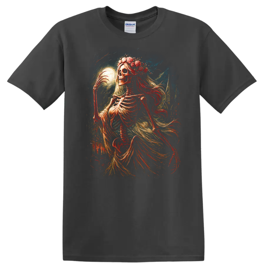 Moonlit floral skeleton in ornate vintage gothic art with flowing drapery on a Charcoal T Shirt
