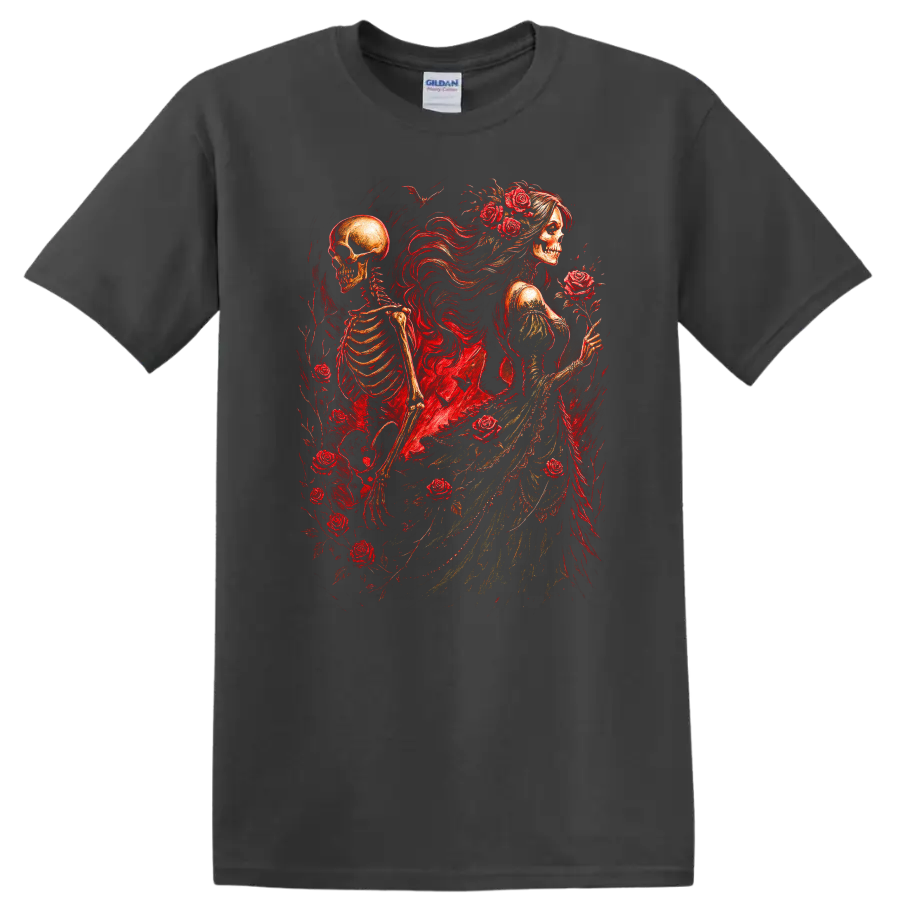 Vintage gothic skeletal woman and skeleton surrounded by red roses on a Charcoal T Shirt