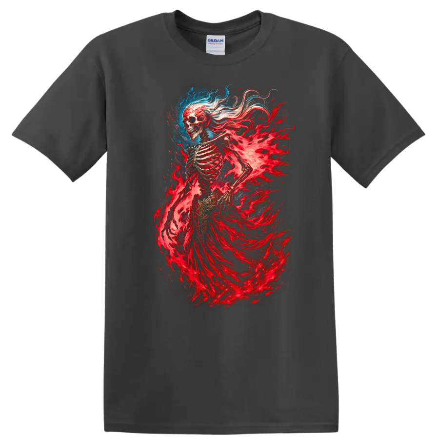 Flaming skeleton spirit with red spectral energy in detailed gothic fantasy art on a Charcoal T Shirt
