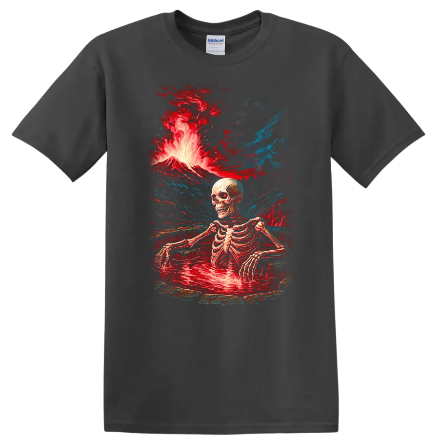 Vintage gothic skeleton standing in a lava pool beneath an erupting volcano on a Charcoal T Shirt