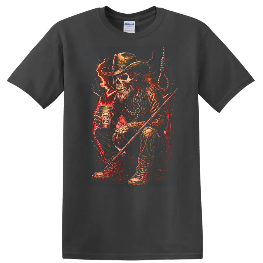 Vintage Gothic skeleton cowboy with red lightning, noose, boots, and rugged Western art on a Charcoal T Shirt
