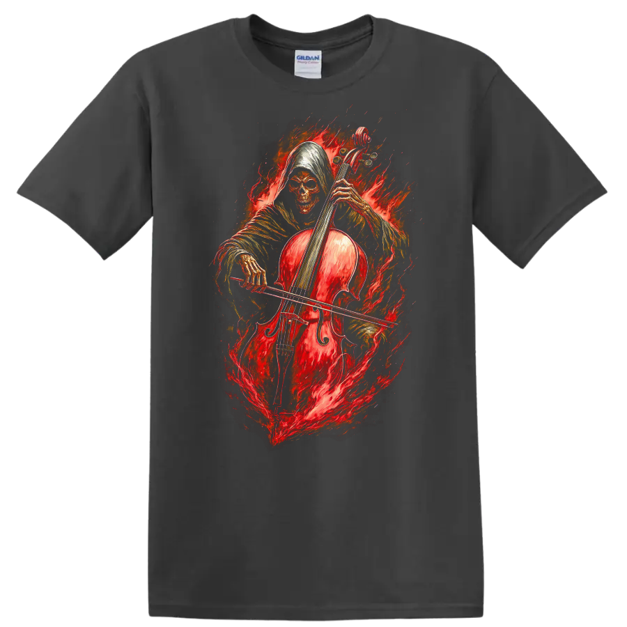 Hooded skeleton cellist with a red cello surrounded by fiery gothic artwork on a Charcoal T Shirt