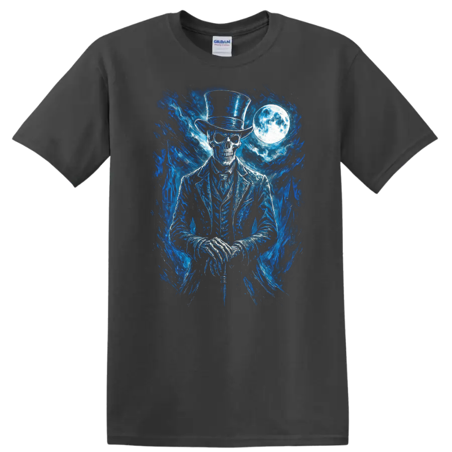 Moonlit gothic skeleton in top hat with blue spectral art and full moon on a Charcoal T Shirt