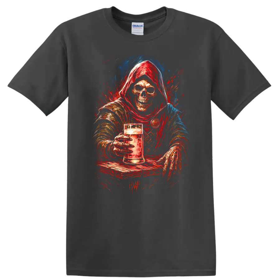 Hooded skeleton holding a beer mug in distressed red and blue gothic art on a Charcoal T Shirt