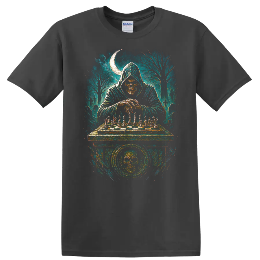 Hooded skull playing chess in a moonlit graveyard gothic illustration on a Charcoal T Shirt