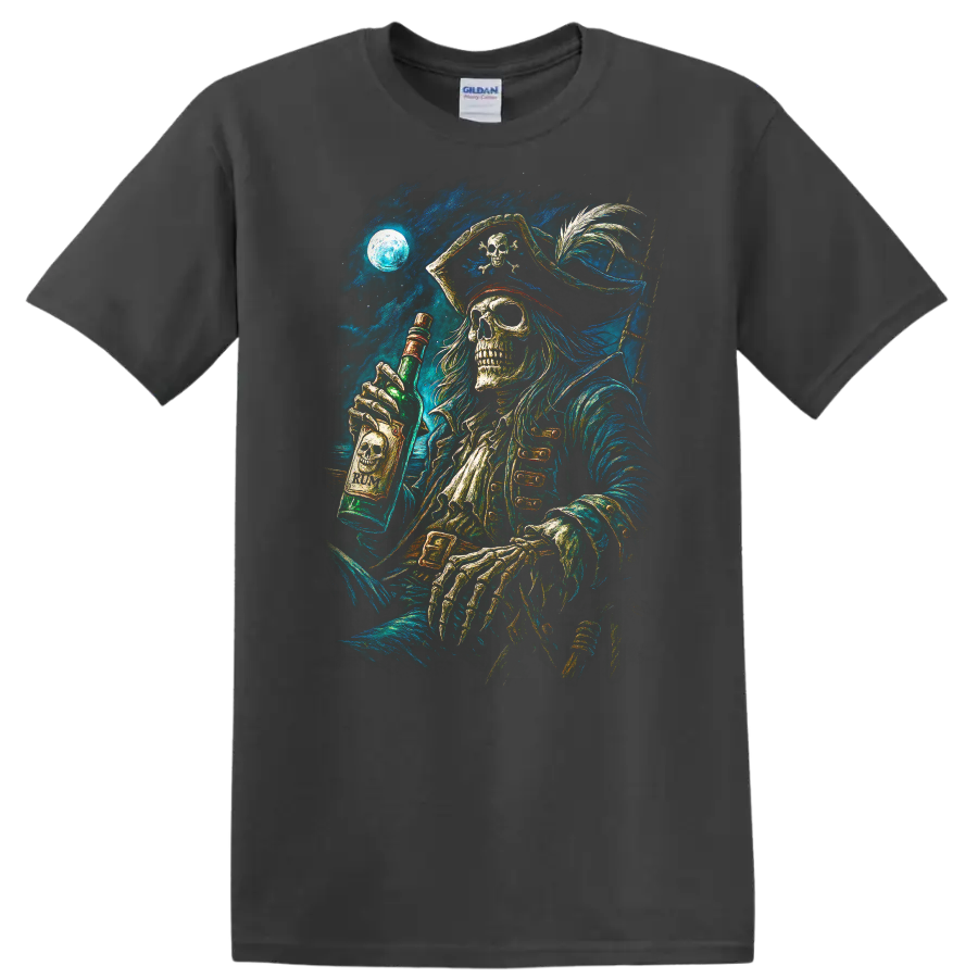 Moonlit skeletal pirate holding a rum bottle in detailed vintage gothic sea art on a Charcoal T Shirt