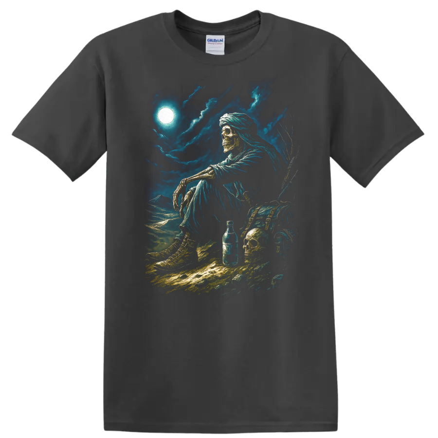 Moonlit skeleton wanderer with skulls, chest, and stormy gothic nightscape on a Charcoal T Shirt