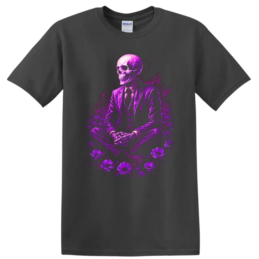 Purple skeleton in suit surrounded by flowers in vintage gothic illustration on a Charcoal T Shirt