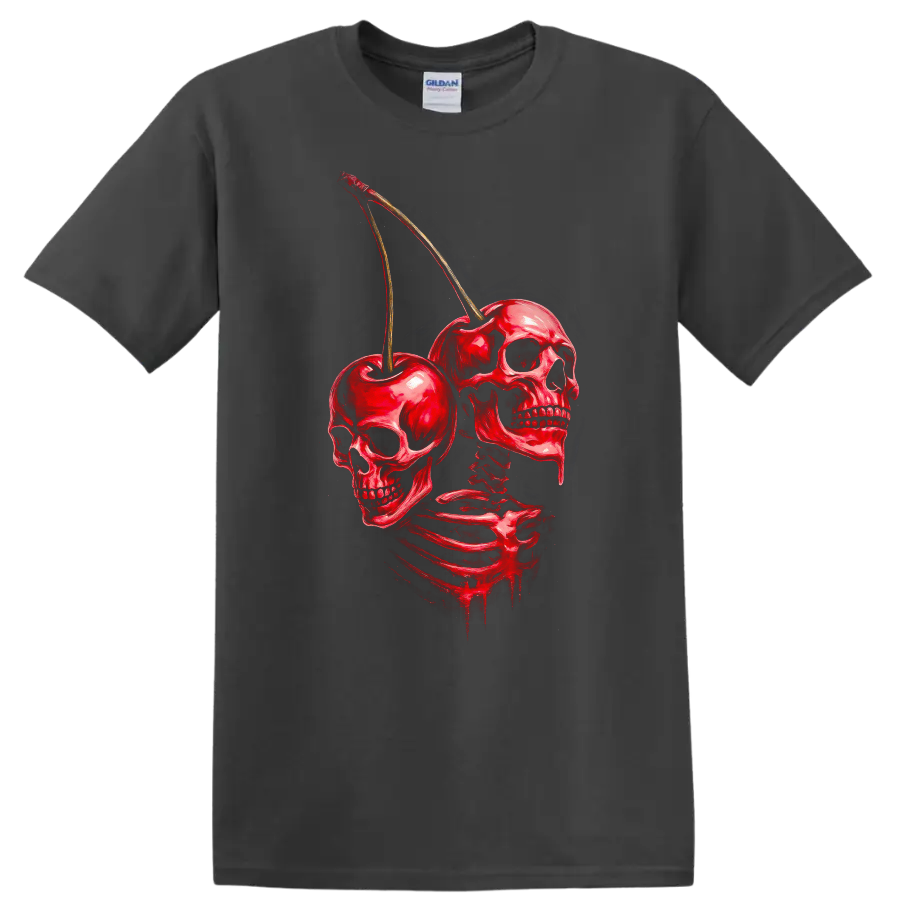 Red skeleton with skulls and cherries in a distressed vintage gothic illustration on a Charcoal T Shirt