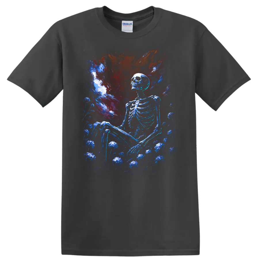 Blue skeleton seated in a dark floral garden beneath a dramatic gothic painted sky on a Charcoal T Shirt