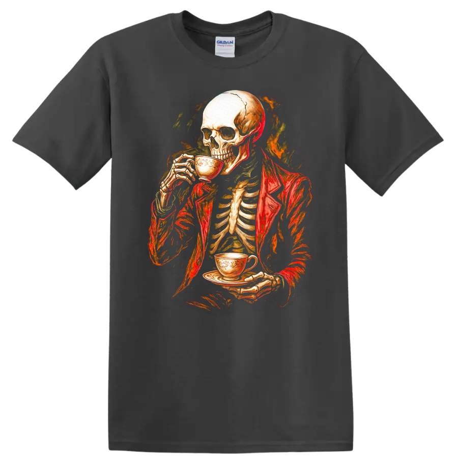 Vintage gothic skeleton in a red jacket drinking tea with a fiery dark backdrop on a Charcoal T Shirt