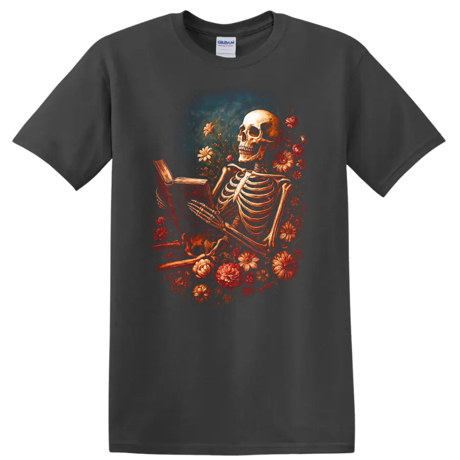 Vintage gothic skeleton reading a book surrounded by red flowers on a Charcoal T Shirt