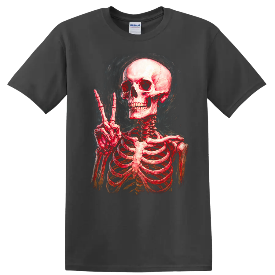 Vintage red skeleton skull making a peace sign in smoky gothic illustration style on a Charcoal T Shirt