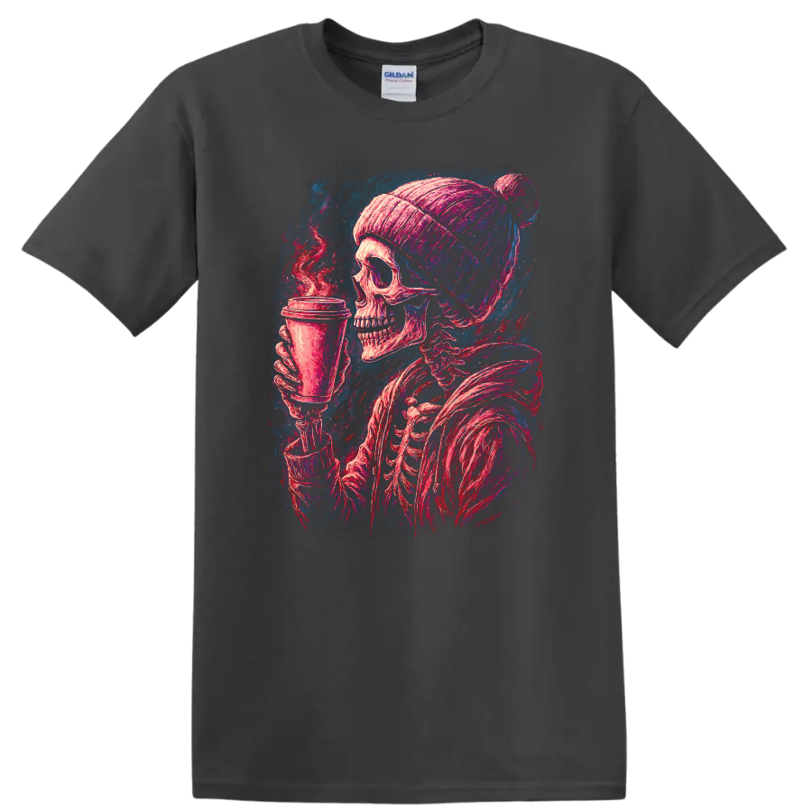 Vintage gothic skeleton in a beanie holding a steaming coffee cup on a Charcoal T Shirt
