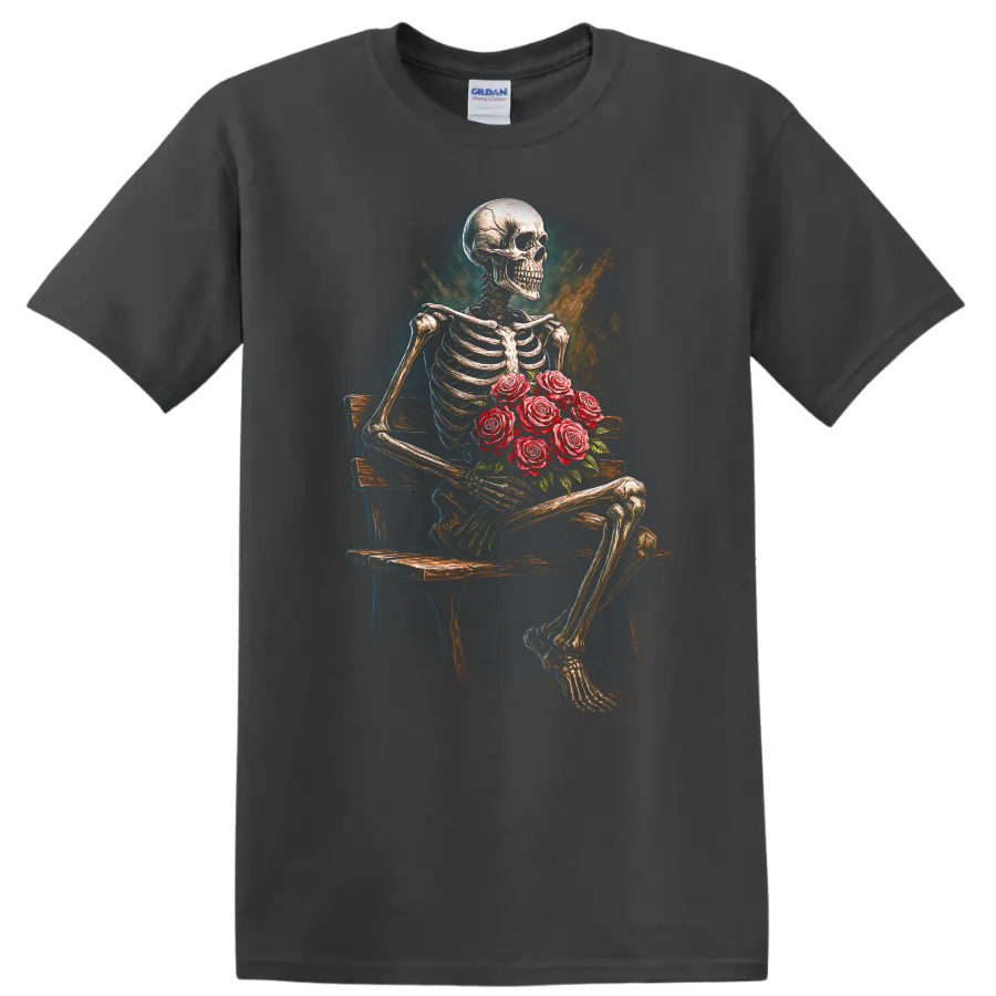Vintage gothic skeleton holding red roses on a bench in distressed floral art on a Charcoal T Shirt