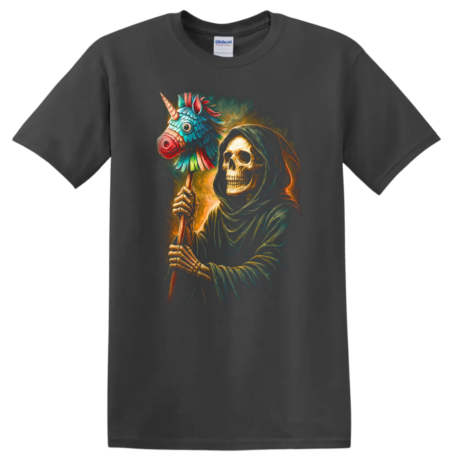 Hooded skeleton holding a colorful unicorn piñata in a vivid gothic illustration on a Charcoal T Shirt