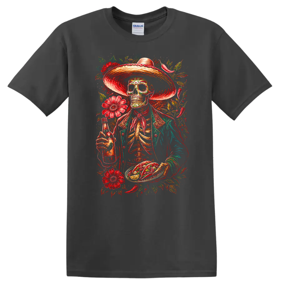 Vintage gothic skeleton in sombrero with tacos, bottle, and red flowers on a Charcoal T Shirt