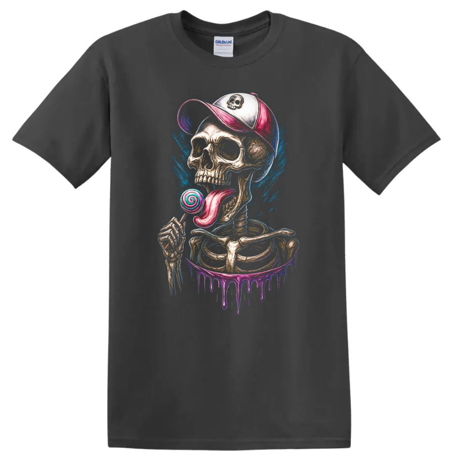 Gothic skeleton skull in cap licking a spiral lollipop with colorful paint drips on a Charcoal T Shirt