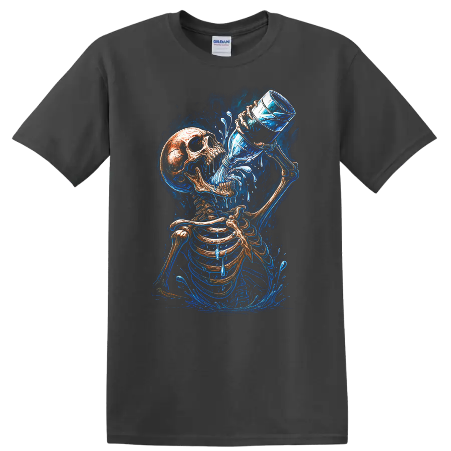 Vintage gothic skeleton drinking water with vivid blue splashes and skull art on a Charcoal T Shirt
