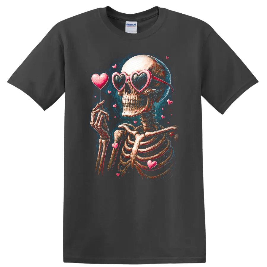 Vintage gothic skeleton in heart sunglasses surrounded by floating hearts on a Charcoal T Shirt