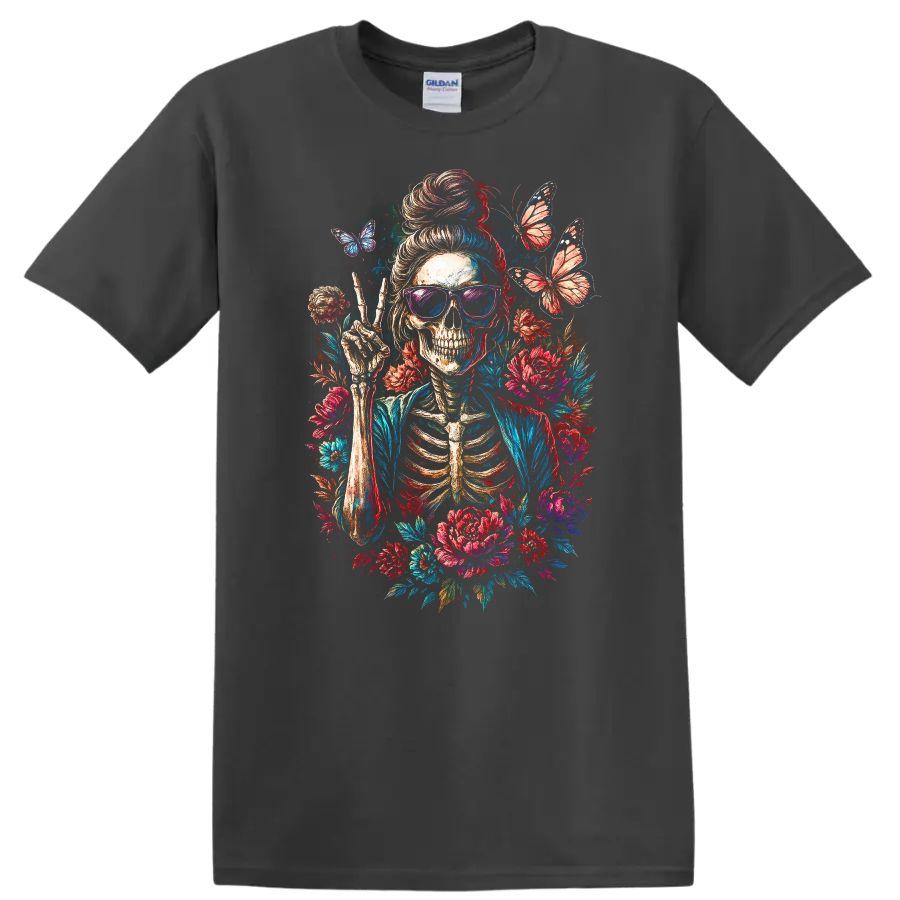 Vintage skeleton in sunglasses making a peace sign with flowers and butterflies on a Charcoal T Shirt