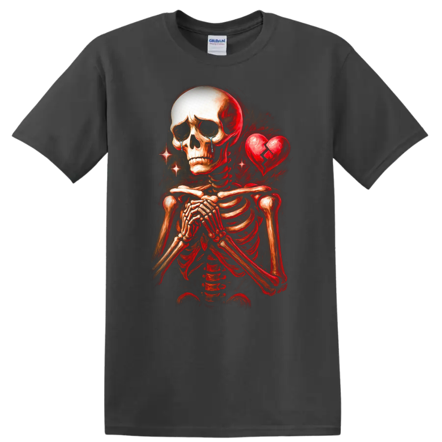 Crying skeleton with clasped hands and cracked heart in vintage gothic art on a Charcoal T Shirt