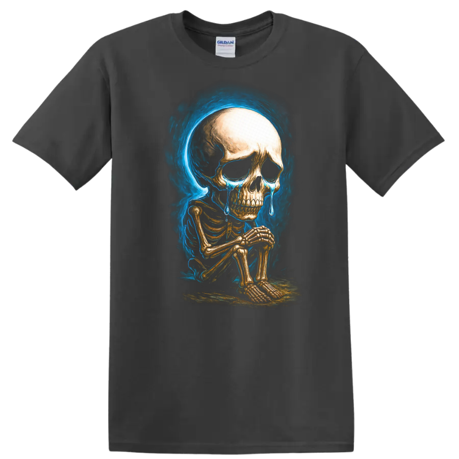 Crying seated skeleton with blue tears and smoky gothic skull artwork on a Charcoal T Shirt