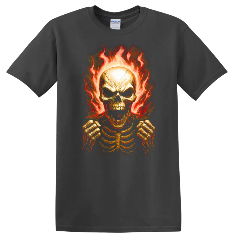Vintage gothic flaming skeleton skull with rib cage and clenched hands on a Charcoal T Shirt