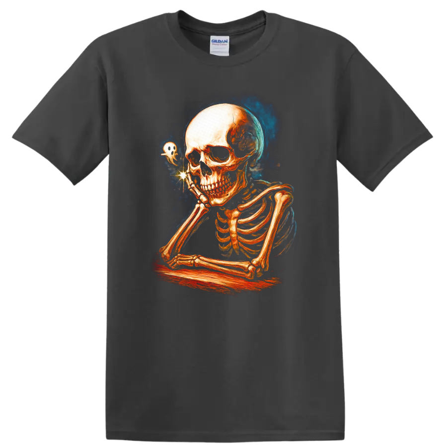Contemplative skeleton with a tiny ghost in vintage Gothic illustration on a Charcoal T Shirt