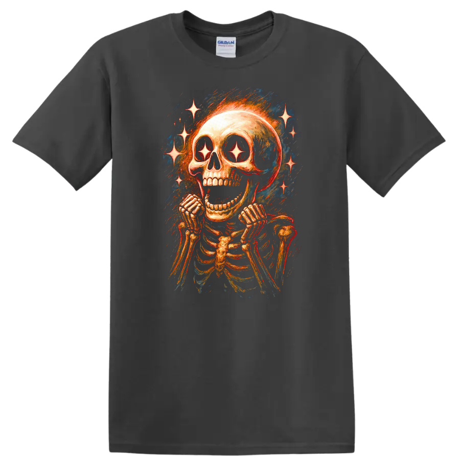 Vintage gothic grinning skeleton skull with sparkling star eyes and radiant stars on a Charcoal T Shirt