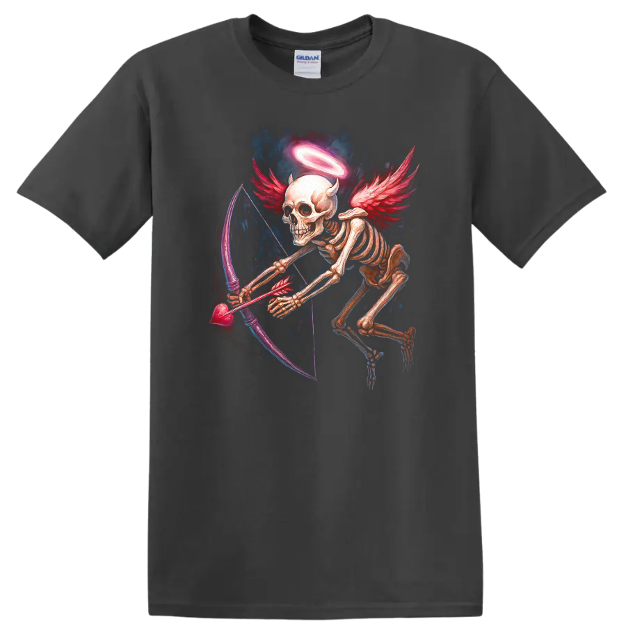 Winged skeleton archer with halo, red wings, and heart-shaped bow in gothic art on a Charcoal T Shirt