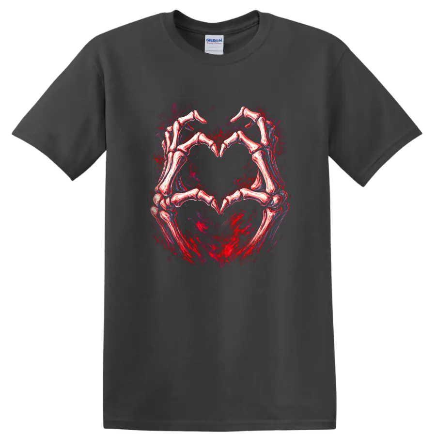 Skeletal hands forming a heart in distressed red and black gothic art on a Charcoal T Shirt