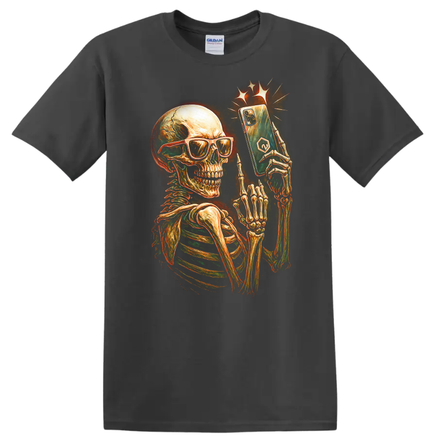 Vintage skeleton in sunglasses holding a smartphone gothic graphic print on a Charcoal T Shirt