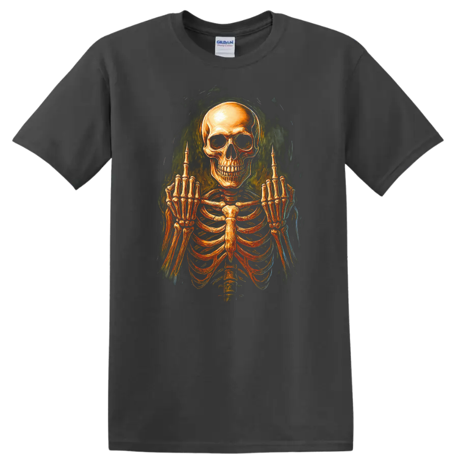 Vintage gothic skeleton skull and rib cage graphic with raised middle-finger hands on a Charcoal T Shirt