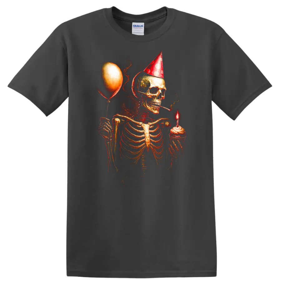 Vintage gothic skeleton in party hat holding a cupcake candle and balloon on a Charcoal T Shirt
