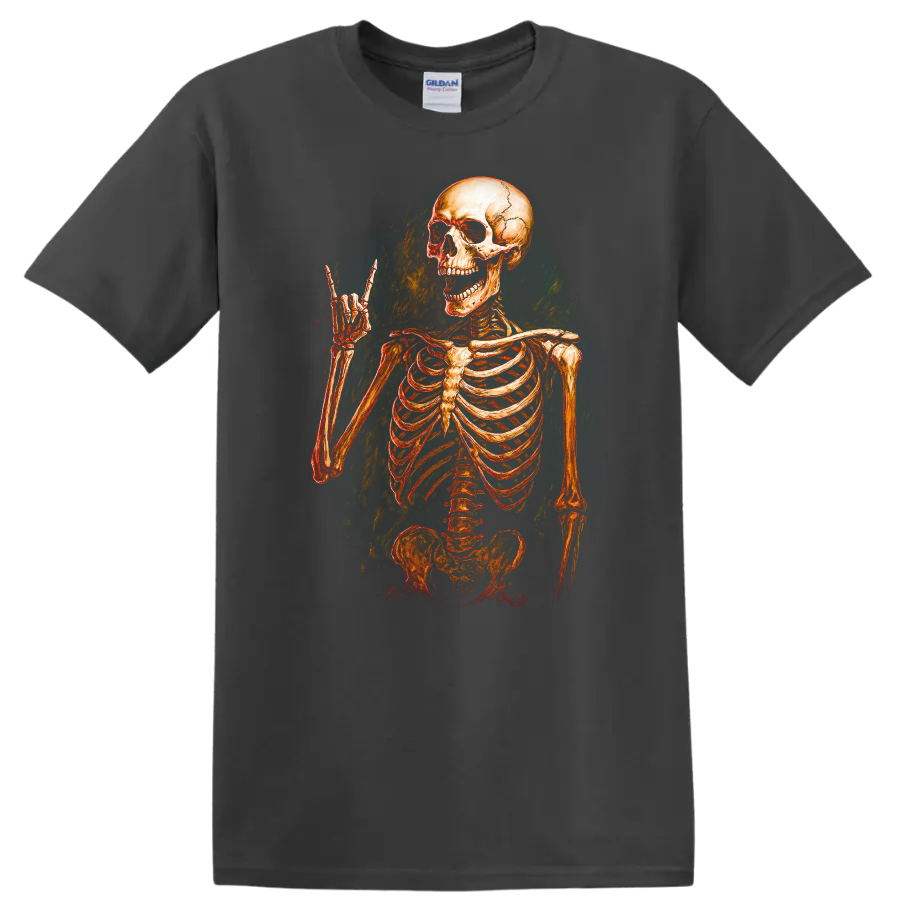 Vintage grinning skeleton raising a horn hand in distressed gothic illustration on a Charcoal T Shirt