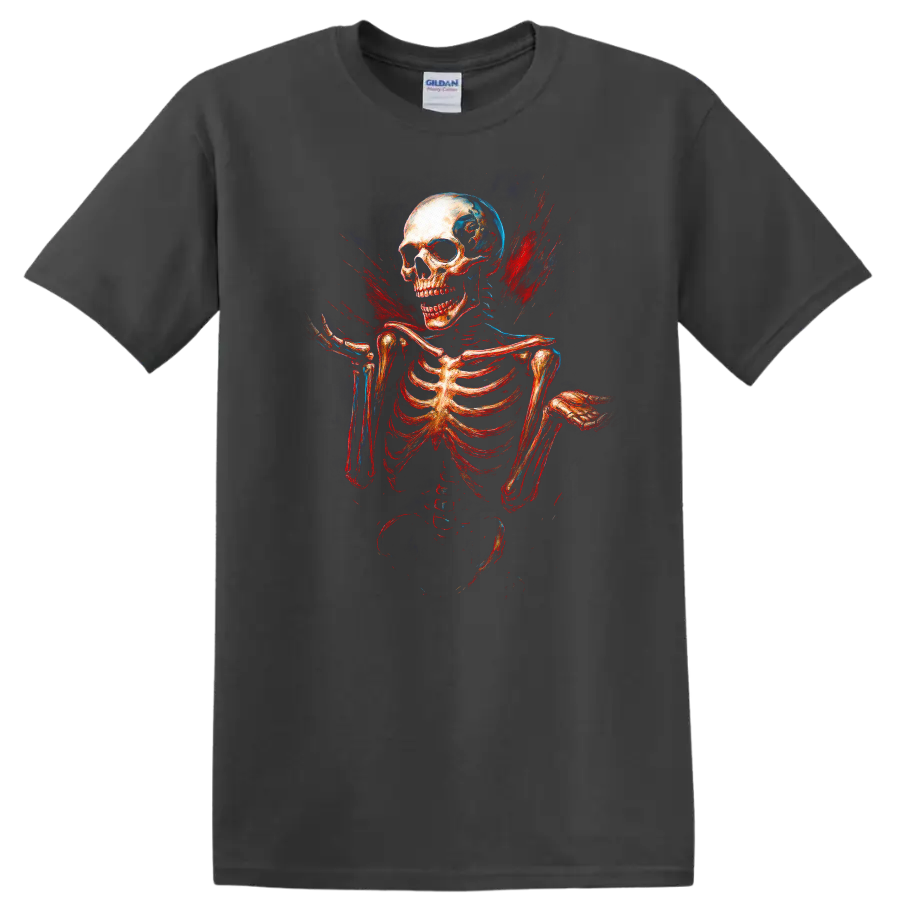 Vintage skull and skeleton graphic with red and blue gothic splatter on a Charcoal T Shirt