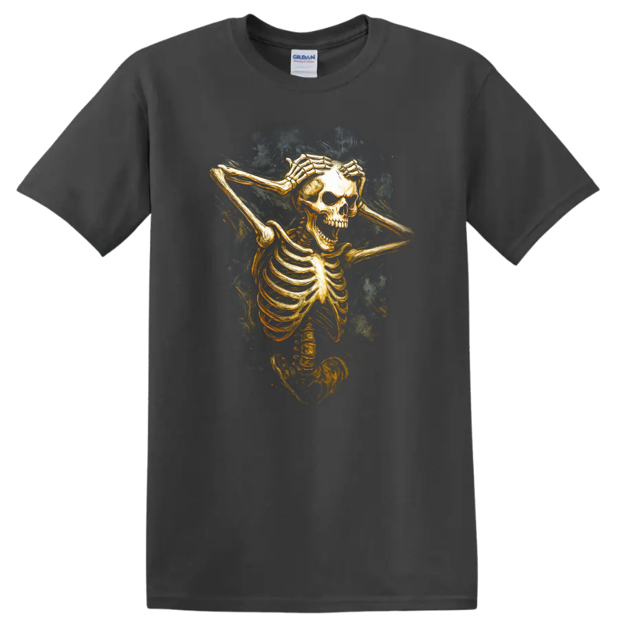 Vintage gothic skeleton skull illustration with hands framing its face on a Charcoal T Shirt