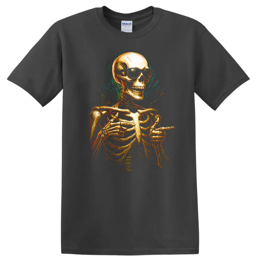 Vintage gothic skeleton in sunglasses pointing, with smoky teal flame-like artwork on a Charcoal T Shirt