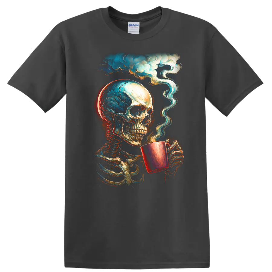 Vintage gothic skeleton skull holding a steaming cup beneath swirling clouds on a Charcoal T Shirt